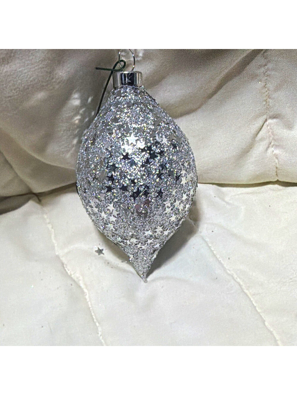 Silver Christmas Teardrop Hanging Plastic Bauble Ornament, Glitter Stars, 1